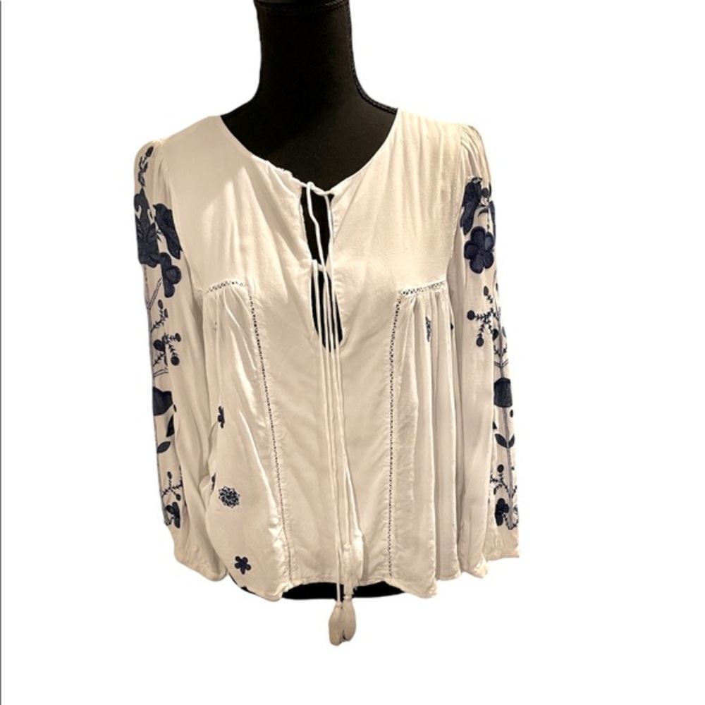 Zara Embroidered Floral Peasant Blouse White Navy Tassel Tie Long Sleeve Top